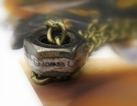 I've Got A Never-Ending Love For You, Industrial Chic, Hex Nut Necklace, Antiqued Brass, Romantic, Sweet, True Love, Gifts for Him, Metal