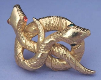 Elegant Double Intertwined Gold Serpent Snake Brooch Vintage Rhinestone Snakes