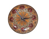 Medallion Wall Clock, Kitchen Clock, Ceramic Plate Clock, Orange Deep Red Tan Wall Clock, Earthy Home Decor, Wall Decor No 1391