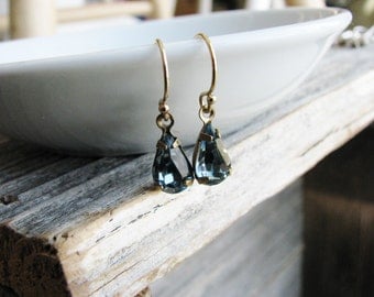 Glass Jewel Earrings Vintage Cut Gems Dark Blue Tear Drop Estate Style Minimalist Modern Bridal Jewelry Sparkly