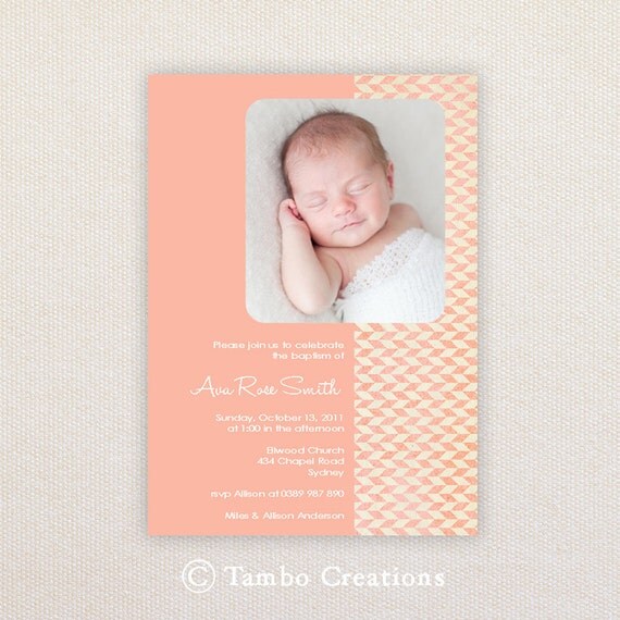 Photo Christening/baptism Invitations. Peach & Pink Diamonds. I Customize, You Print. Il_570xn
