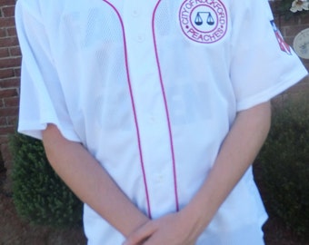 Men's XLarge (Chest 46"-48") White polyester Baseball Jersey with red trim and Patches. League of Their Own