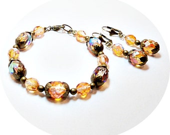 Orange Jewelry, Bracelet, Earrings, Apricot, Rustic, Medieval Faire, Renaissance Fair, Golden, Antiqued Bronze, Golden,Earrings and Bracelet