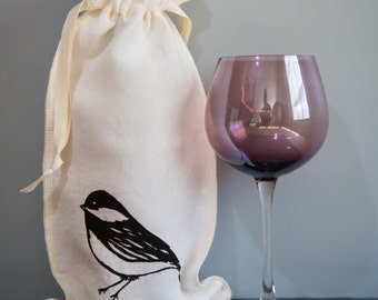 Linen Wine Bag , Chickadee Design R eusable Cloth Wine Bag , Wine Tote ...