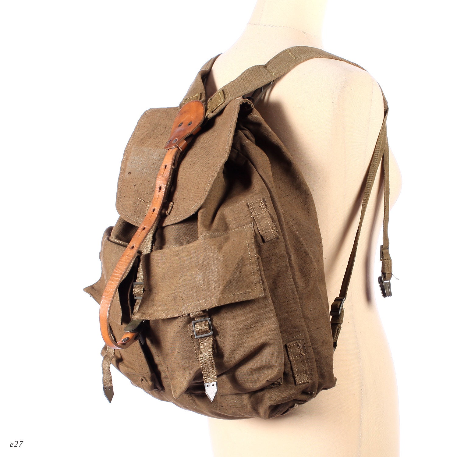 Vintage Military Backpack . Khaki Canvas Backpack . Canvas and