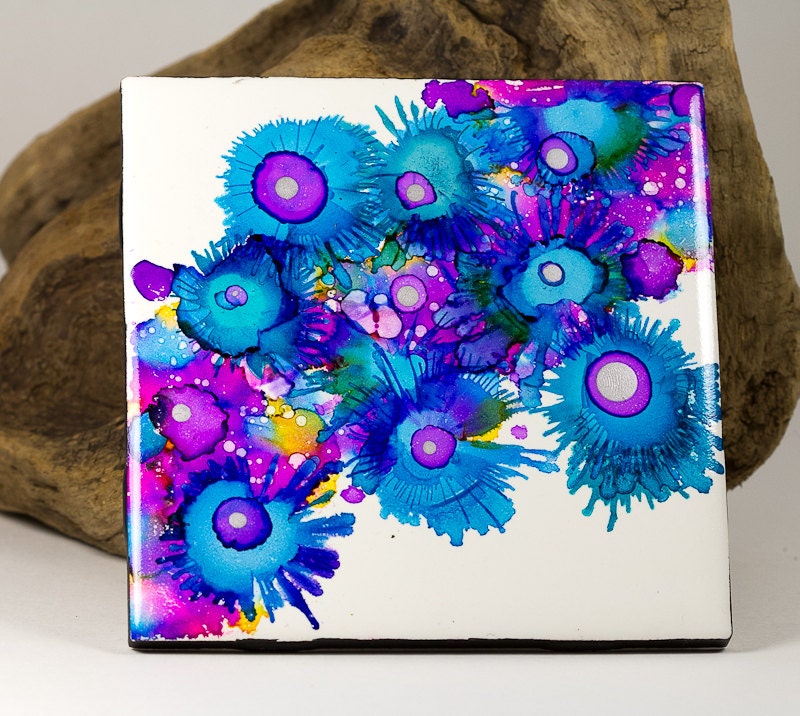 Ceramic tile Original Alcohol Ink Painting coaster bright