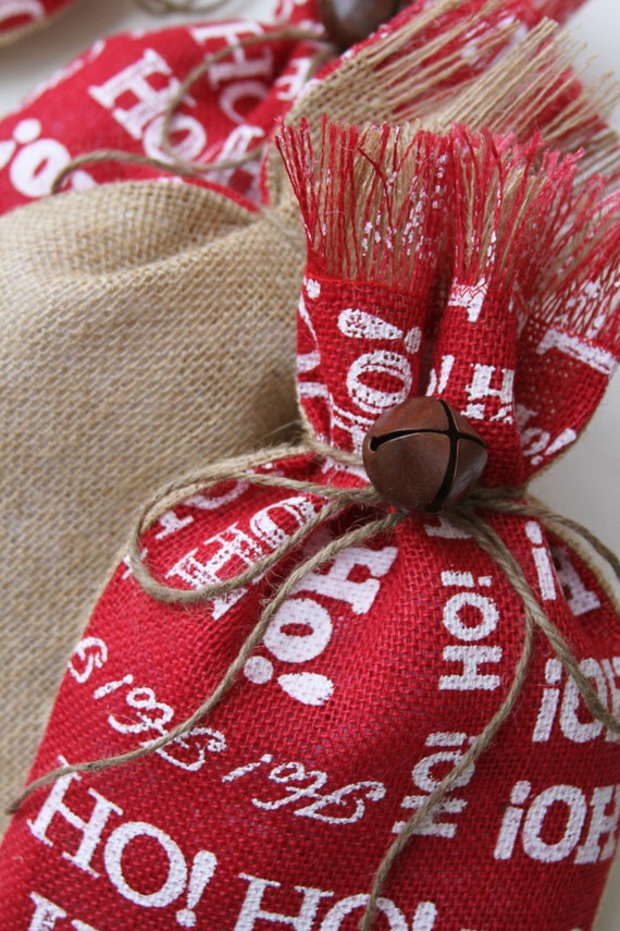 Burlap Gift Bags Shabby Chic Christmas Wrapping Red White