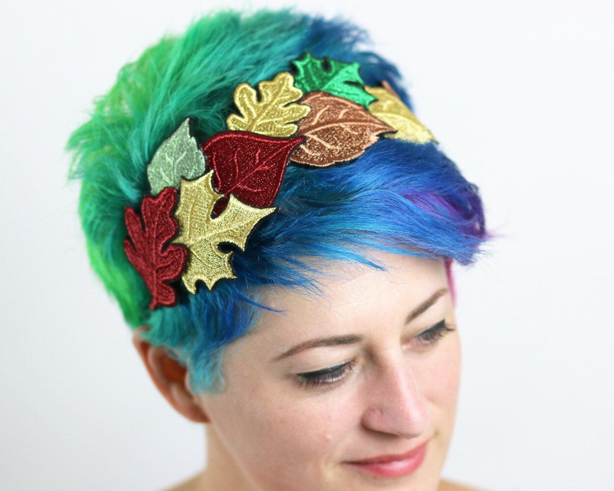 Autumn Leaves Headband Metallic Embroidery Gold Red Green