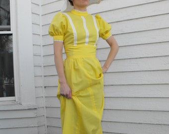 70s Yellow Dress Prairie Maxi Vintage White Eyelet Sunshine XS