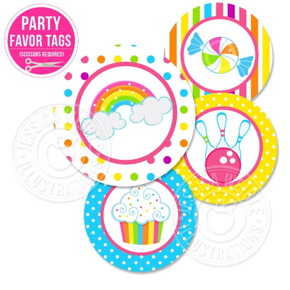 Girly Rainbow Bowling Theme - Printable Birthday Party Tags, Pink Bowling Party Printable Cupcake Toppers Il_570xn