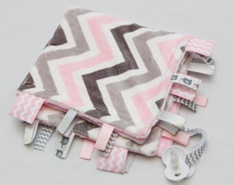Mini Baby Ribbon Tag Blanket - Minky Binky Blankie - Grey and Pink Chevron