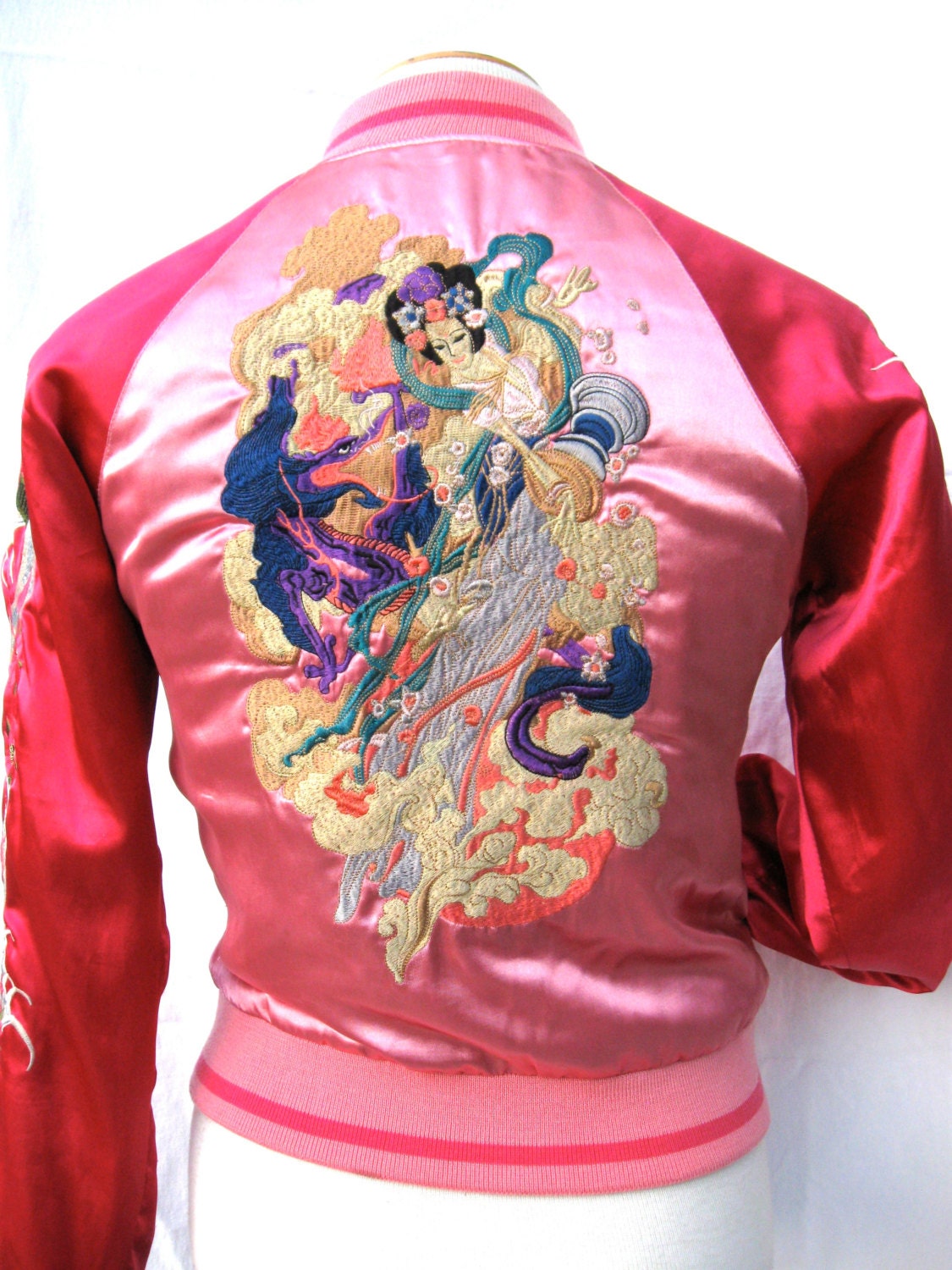 Vtg Satin Bomber Jacket Fuschia Pink Reversible Chinese