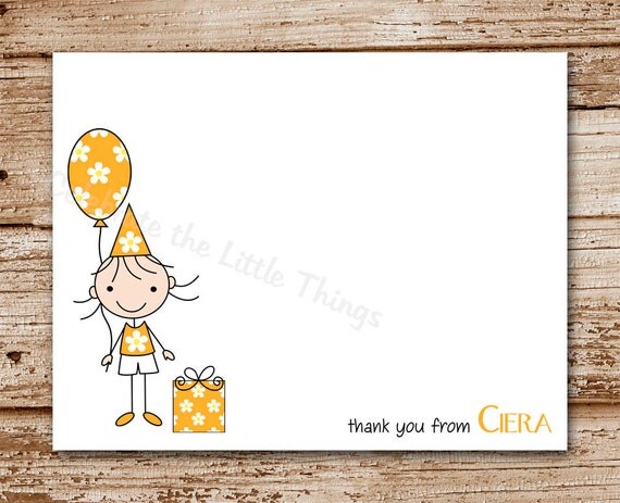 Set of 8 / Birthday Stick Girl Thank You Cards / Note Cards / Personalized Stationery / Kids / Color Choices Il_570xn