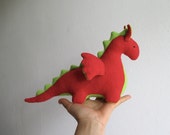 Dragon, organic, scarlet red, lime green, waldorf, soft animal, toy, magical creature, fairy tale, fantasy