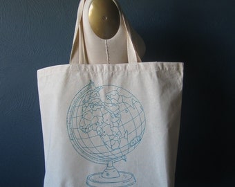 Screen Printed Recycled Cotton Tote Bag - Eco Friendly Grocery Tote - Canvas Tote Bag - Large Tote - Vintage Globe Book Bag - Handmade