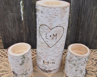 Personalized WHITE BIRCH Unity Candle Holder Set -Tea Candle Size - Natural Rustic Wedding Candle - Woodland Wedding Decor