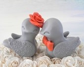 Love Birds Wedding Cake Topper, Grey and Orange, Bride and Groom Keepsake, Fully Customizable