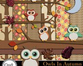Sale Owl Clip Art Digital Clipart Owl Paper Pack - Party Invitation Cards - Owls in Autumn Digital Scrapbook Kit Craft Supplies Papers Sale Il_170x135