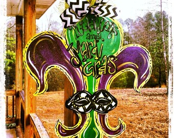 Fleur De Lis Mardi Gras Wood Cut Out Door Hanger