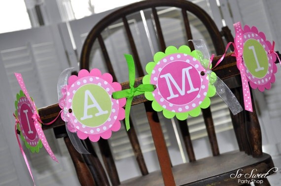 Highchair Banner - 1st Birthday Banner - I am 1 Banner - Photo Prop - Polkadots Pink and Lime Green Il_570xn