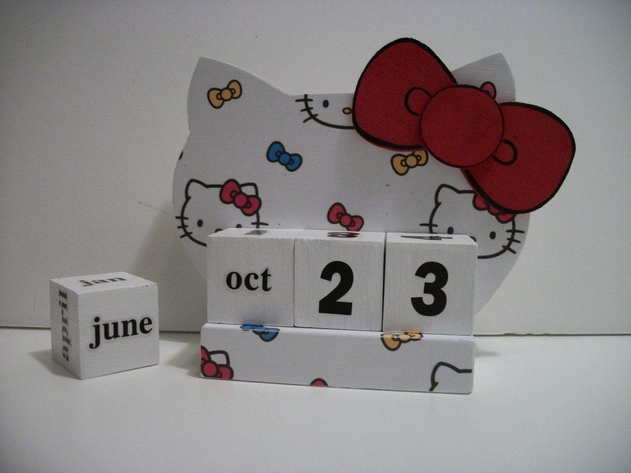 Hello Kitty Calendar Perpetual Wood Block Cat Red by WoodnDoodads