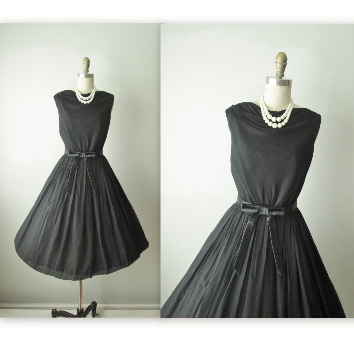 50's Chiffon Dress // Vintage 1950's Black Chiffon