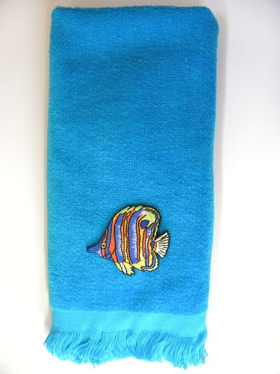 Tropical fish bath hand fingertip towel aqua angelfish vintage