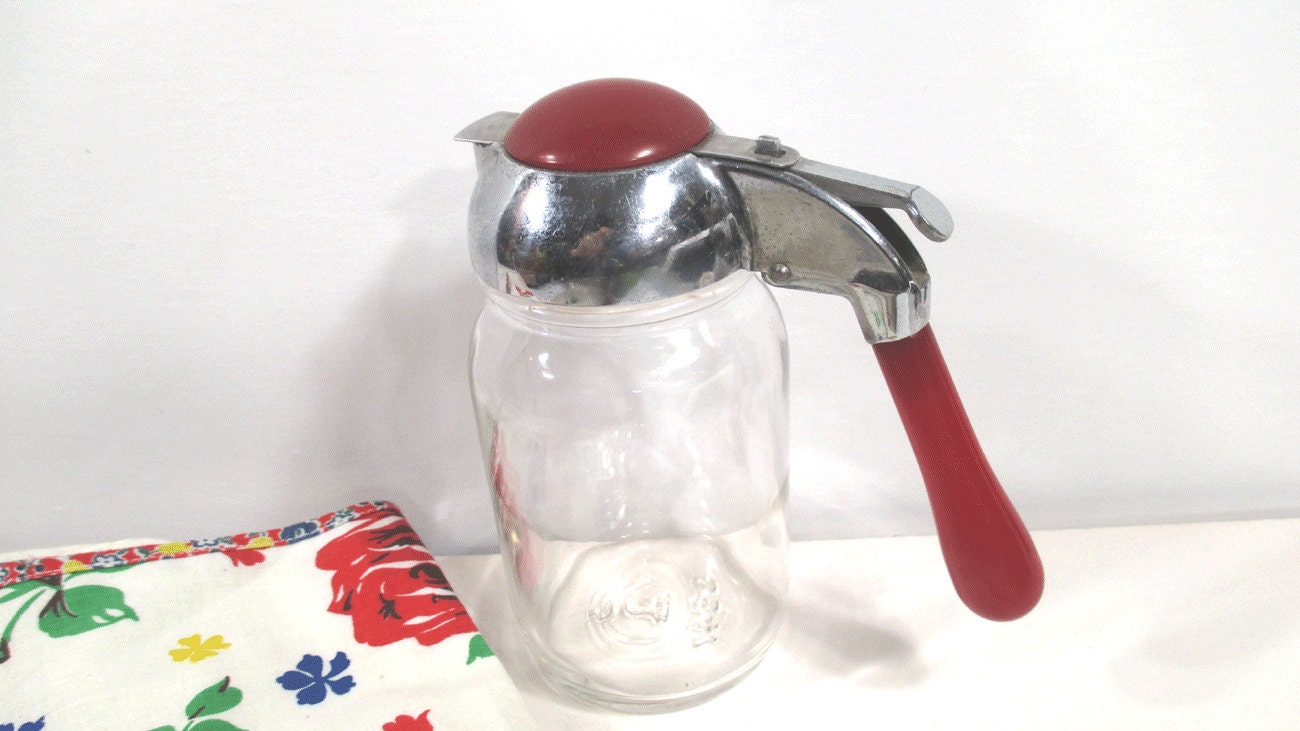 Vintage Glass Syrup Dispenser with Red by UrbanRenewalDesigns