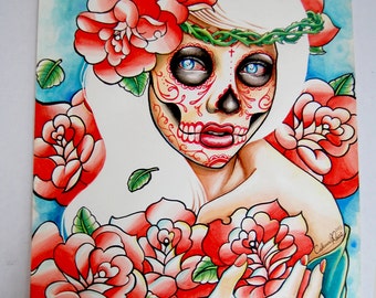 original painting watercolor sugar skull self portrait 5x7 original painting watercolor sugar skull self portrait 5x7