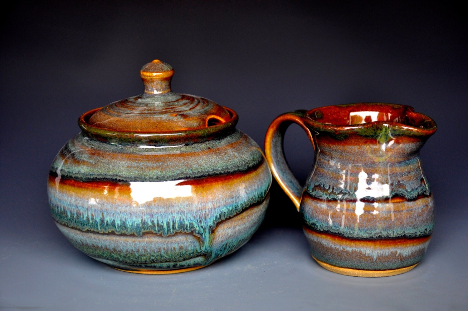 Pottery Sugar Bowl and Creamer. Handmade Ceramics B