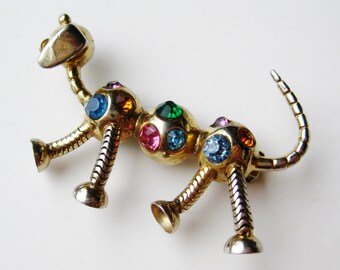 Vintage 50s Gold Dachshund Dog Jeweled Rhinestone Doggie Figural Brooch Pin