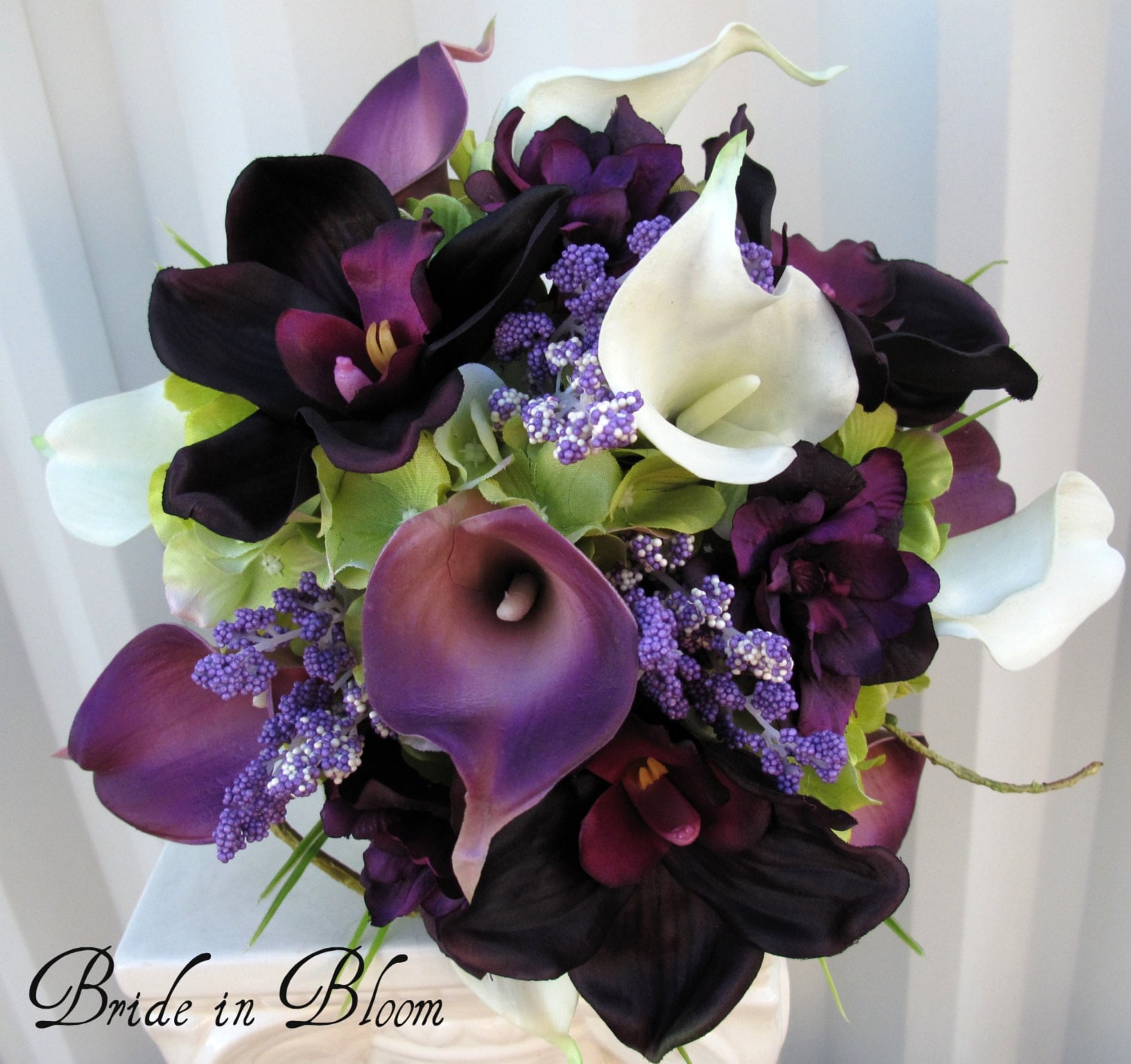 6 Piece Wedding Bouquet Set Real Touch Purple White Calla Lily 1076