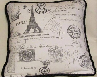 Country French English Cottage Toile Stamp Pillow Provence White Black Check Plaid