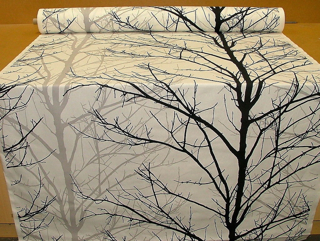 Woodland Tree Print Fabric Black Grey White Funky Upholstery