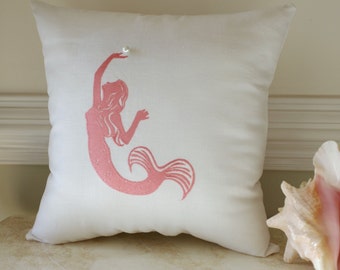 Embroidered Mermaid Pillow on Linen Fabric - 16x16 Pillow - With or Without Pearl