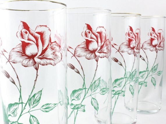 Vintage Drinking Glasses Glass Red Rose Floral Roses Green