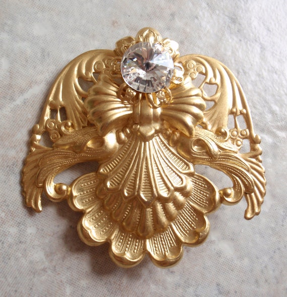 Gold Rhinestone Angel Brooch Pin Signed Jane Large by cutterstone
