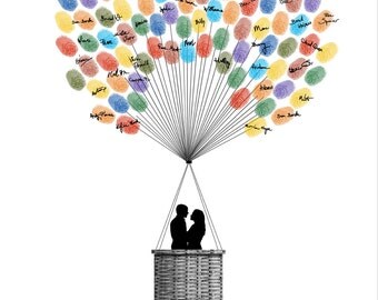 Wedding Guest Book Hot Air Balloons, Personalized Fingerprint Signature Wedding Guestbook, Guest Book Alternative - DIGITAL PRINTABLE JPEG