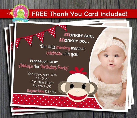 Sock Monkey BIrthday Invitation - FREE Thank You Card included Il_570xn
