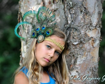 Peacock Feather Headpiece...Peacock Feather Fascinator....Flapper Style Headpieces...Roaring Twenties Art Deco Hairpiece...Peacock Costume