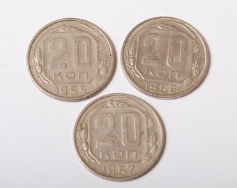 Set of 3 USSR coins, 20 kopeck 1955, 20 kopeck 1956, 20 kopeck 1957.
