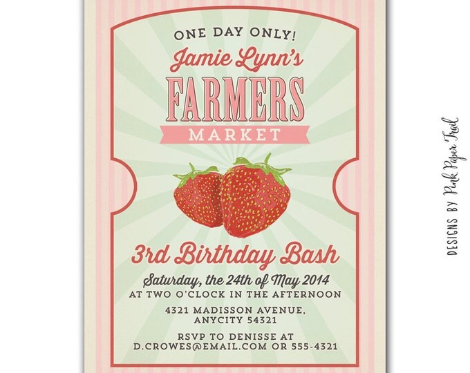 Berry Sweet, Strawberry, Country Fair, Farmers Market Invitation v.2, Customizable Wordings, Printable Digital File