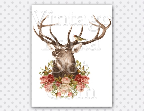 Deer Buck Antlers Rose Garland Victorian Bird Clip Art Clipart