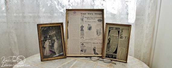 Vintage Gold Tone Photo Frames - Set of 3 with 1800's and 1900's Antique Magazine Pages