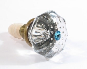 Vintage Glass Door Knob Bottle Stopper Topper - Blue RIVOLI w Crystals for Wine & Absinthe