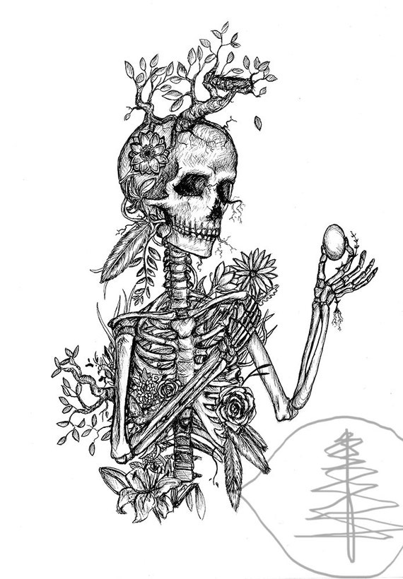Items similar to Skeleton Art - Skeleton and flowers Art - Drawing of ...