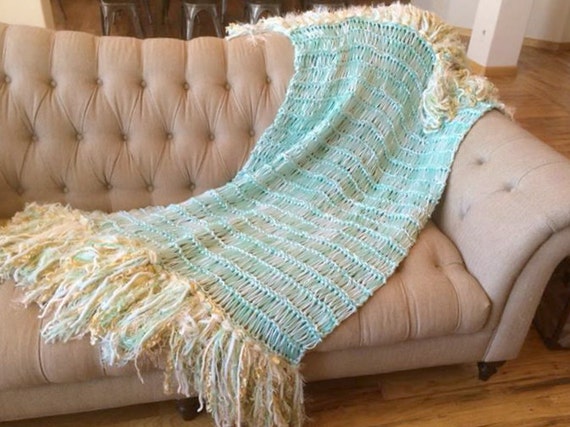 Mint Green Throw Blanket with Gold and Ivory White. Mint Home Decor ...