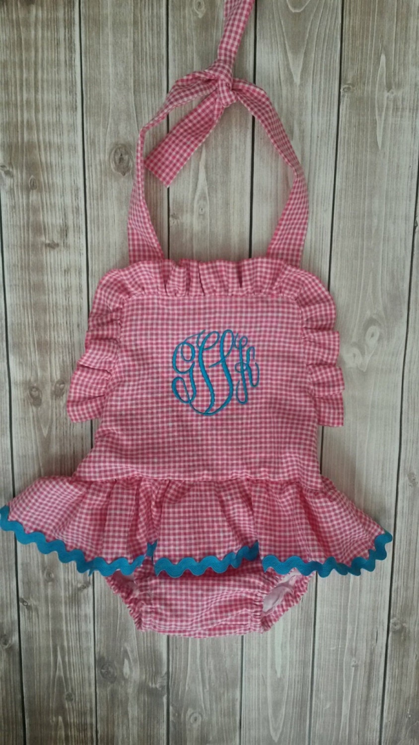 Pink Seersucker Bathing Suit for babies toddlers and girls