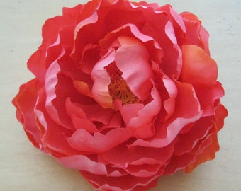 Variegated Coral Peony Silk Flower Hair Clip