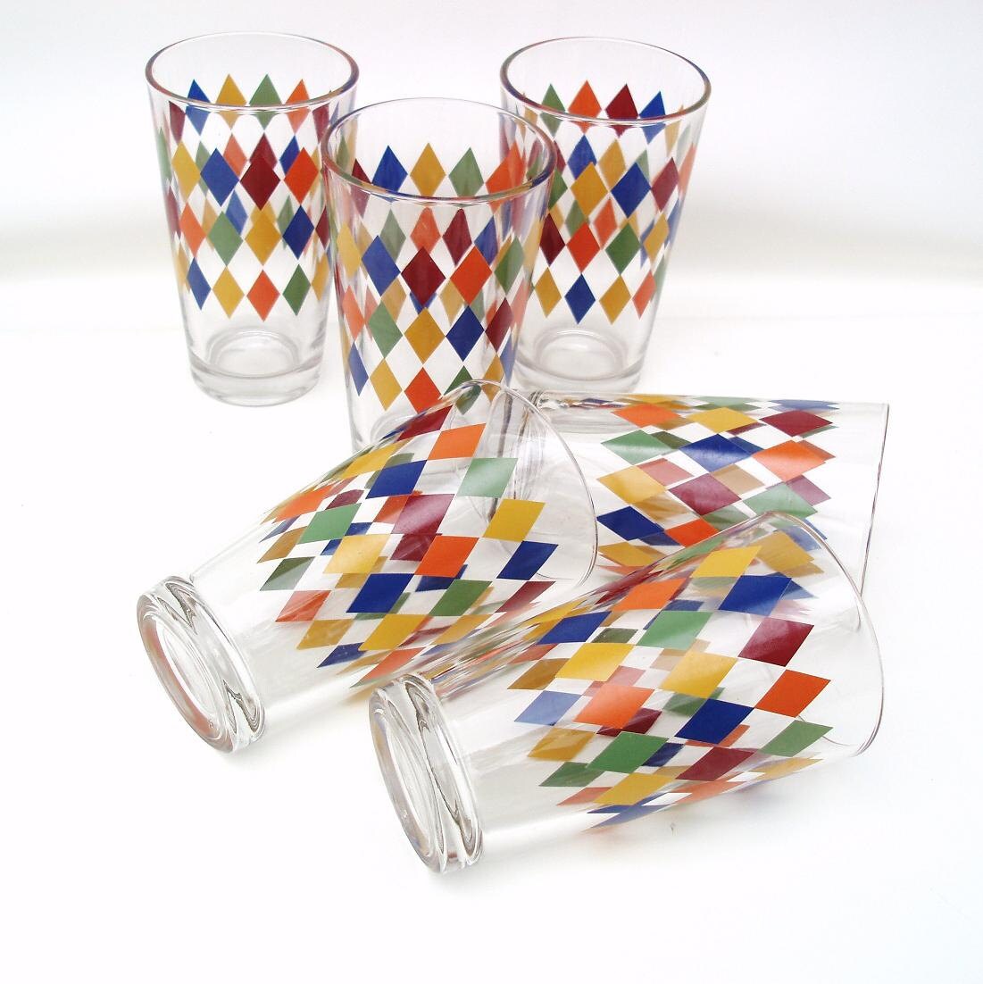 Vintage Large Drinking Glasses Mid Century Harlequin Decor